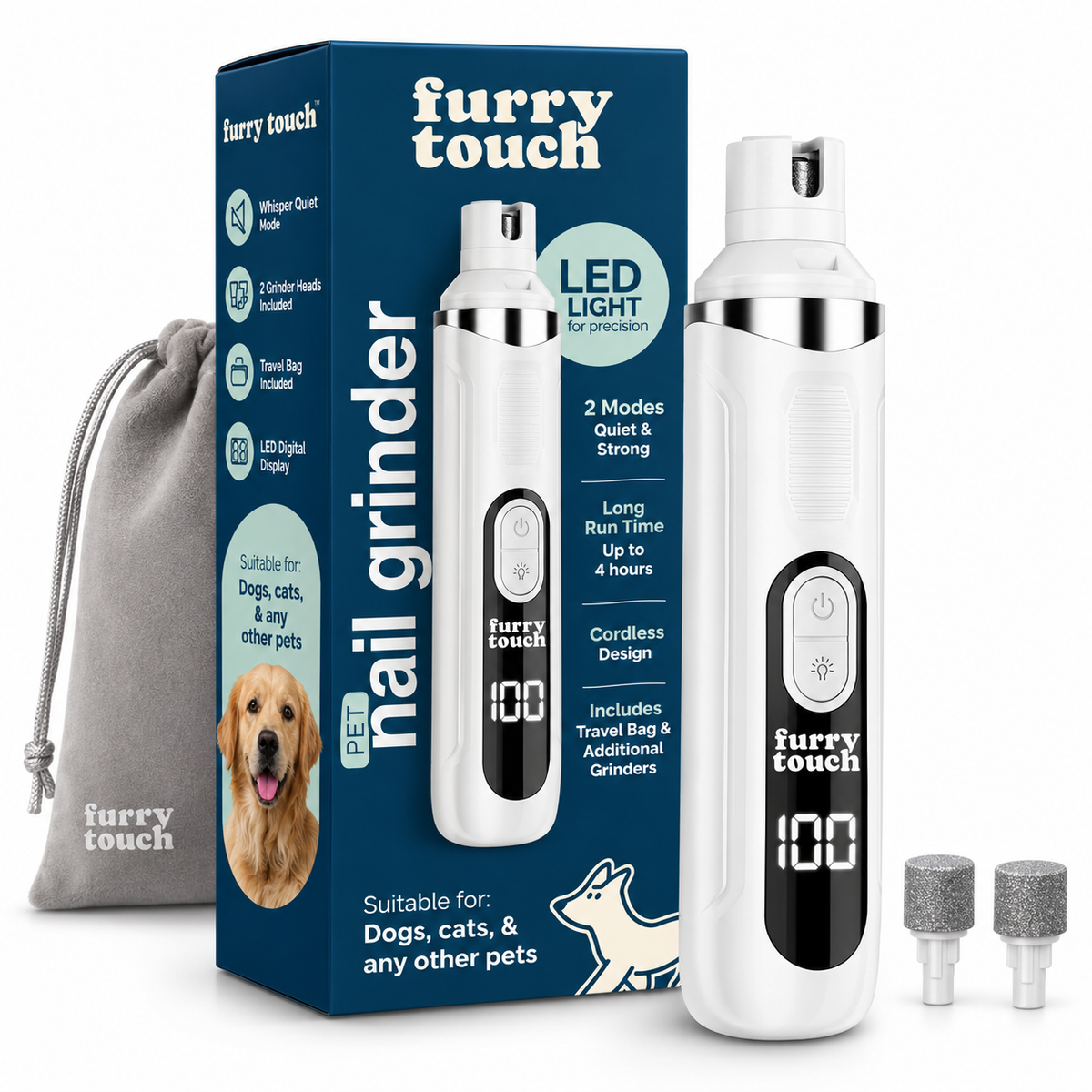 Furry Touch Nail Grinder with grinder heads and travel bag on a white background